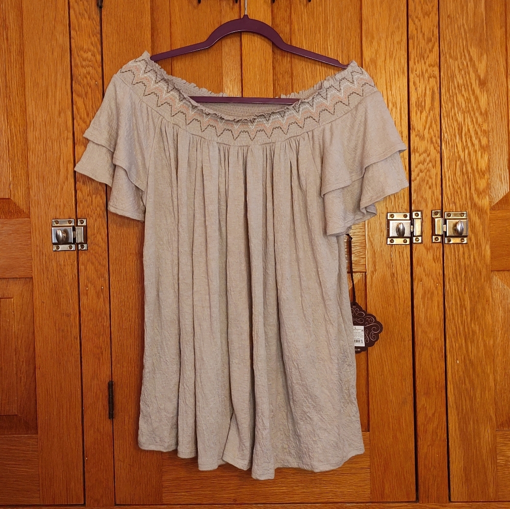 Knox Rose tan & coral smocked off shoulder peasant top